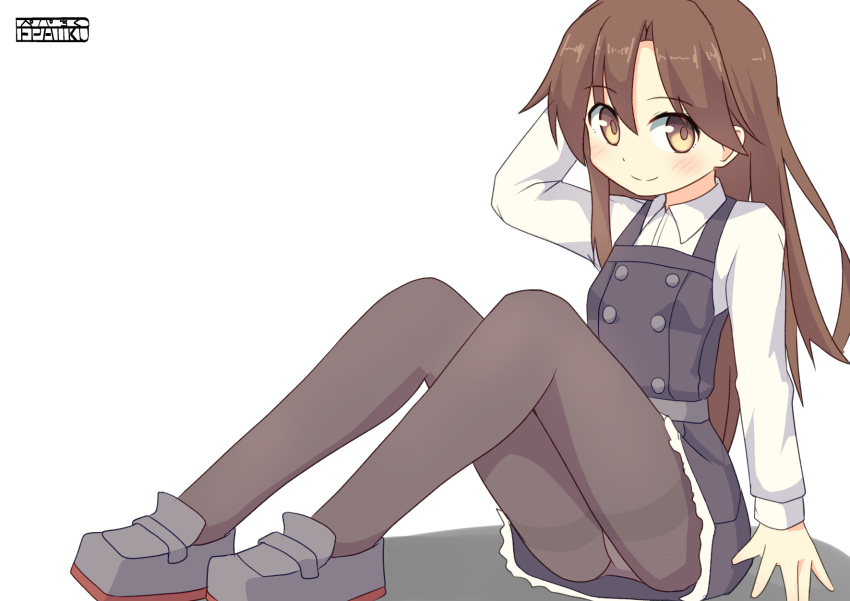 arashio_(kantai_collection) artist_name black_legwear blush breasts brown_eyes brown_hair commentary_request dress frilled_dress frills full_body highres kantai_collection long_hair long_sleeves looking_at_viewer panties panties_under_pantyhose pantyhose pantyshot pantyshot_(sitting) pepatiku pinafore_dress remodel_(kantai_collection) school_uniform shadow shirt shoes simple_background sitting small_breasts smile solo thighband_pantyhose underwear white_background white_panties white_shirt