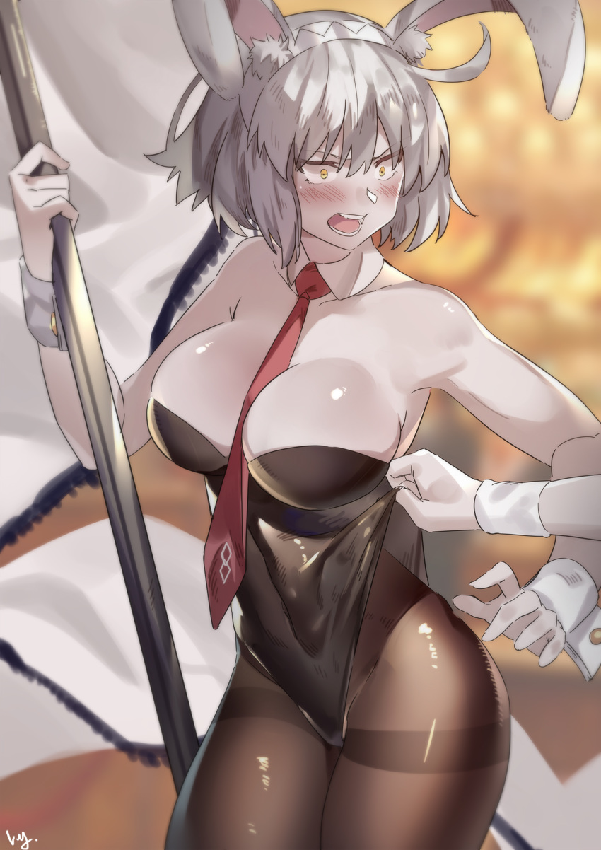 animal_ear_fluff animal_ears bangs between_breasts black_legwear black_leotard breasts cleavage commentary_request covered_navel detached_collar eyebrows_visible_through_hair eyes_visible_through_hair fake_animal_ears fate/grand_order fate_(series) flag hairband highres holding holding_flag jeanne_d'arc_(alter)_(fate) jeanne_d'arc_(fate)_(all) large_breasts leotard leotard_pull looking_to_the_side nanaya_(daaijianglin) necktie necktie_between_breasts open_mouth pantyhose red_neckwear shiny shiny_clothes short_hair solo_focus standing strapless strapless_leotard white_hair white_hairband wrist_cuffs yellow_eyes