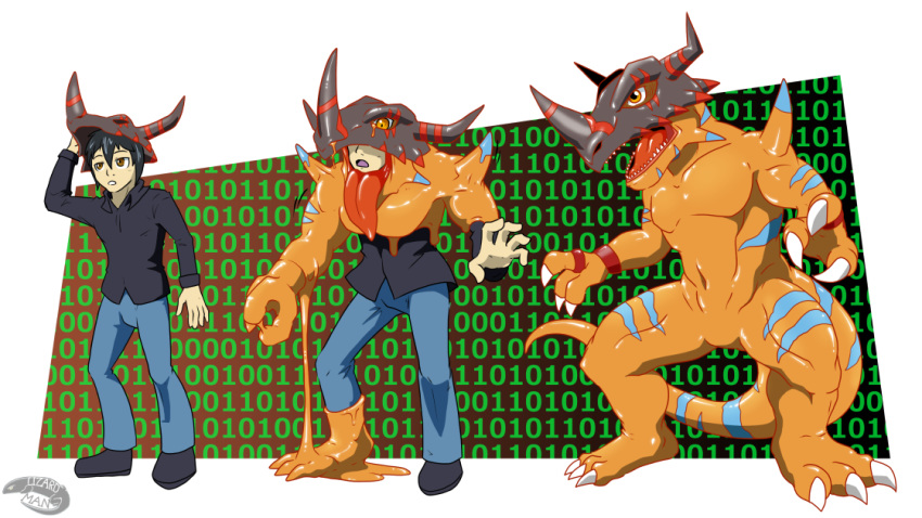 16:9 2016 3_fingers 3_toes 5_fingers aji alternate_version_at_source biped black_hair black_scales blue_stripes brown_eyes claws clothing digimon dinosaur dress_shirt fangs footwear greymon hair horn human human_to_anthro jeans long_tail male mammal mask multicolored_scales muscular navel nude open_mouth orange_scales pale_skin pants red_stripes rubber scales scalie semi-anthro sequence shirt shoes slime solo striped_scales striped_tail stripes thick_tail toes tongue tongue_out transformation