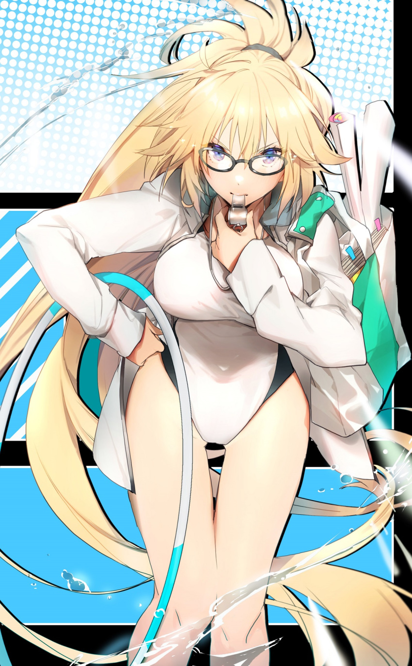 &gt;:( absurdly_long_hair bare_legs black-framed_eyewear blonde_hair blue_jacket breasts clenched_hand colored_eyelashes competition_swimsuit cowboy_shot eyebrows_visible_through_hair fate/grand_order fate_(series) hair_between_eyes hand_on_hip high_ponytail highres hood hooded_jacket hose impossible_clothes jacket jeanne_d'arc_(fate)_(all) jeanne_d'arc_(swimsuit_archer) large_breasts long_hair looking_at_viewer multicolored multicolored_background no-kan one-piece_swimsuit open_clothes open_jacket ponytail serious solo swimsuit thigh_gap thighs very_long_hair water whistle whistle_around_neck white_jacket white_swimsuit