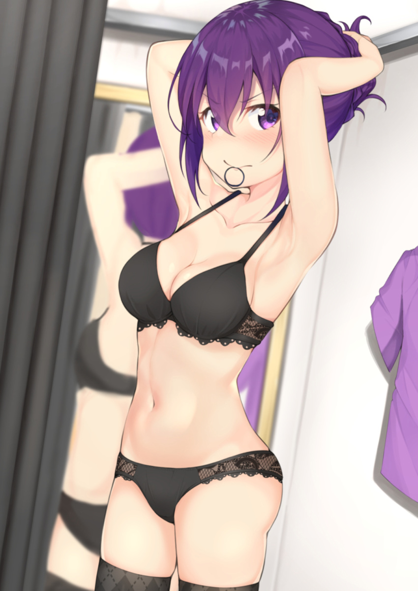 armpits arms_up bangs bare_arms bare_shoulders black_bra black_legwear black_panties blurry blurry_background blush bra breasts bunching_hair cleavage closed_mouth collarbone commentary curtains depth_of_field eyebrows_visible_through_hair gochuumon_wa_usagi_desu_ka? hair_between_eyes hair_tie hair_tie_in_mouth highres indoors looking_at_viewer medium_breasts mirror mottsun_(i_40y) mouth_hold navel nose_blush panties purple_eyes purple_hair purple_shirt reflection shirt shirt_removed short_sleeves solo standing tedeza_rize thighhighs underwear underwear_only v-shaped_eyebrows