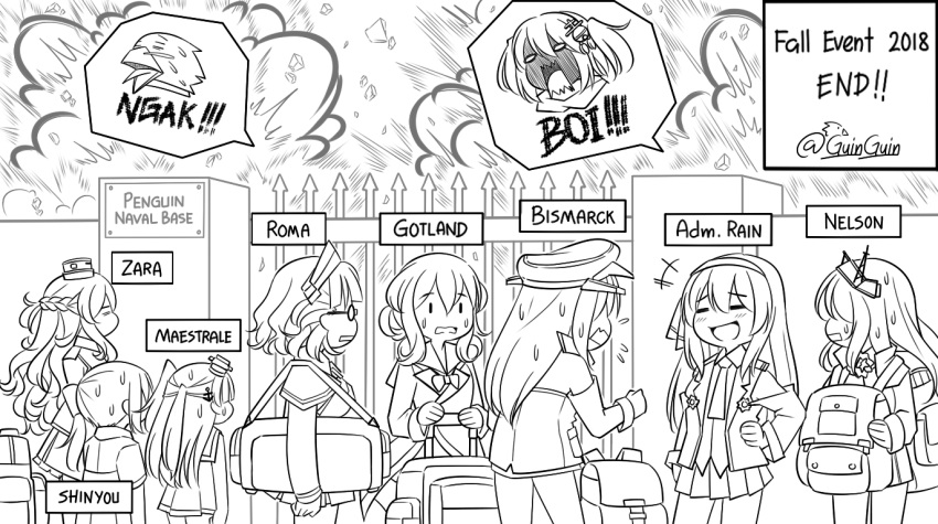 6+girls admiral_(kantai_collection) anger_vein angry bag bismarck_(kantai_collection) braid character_name crown_braid english explosion female_admiral_(kantai_collection) fence flying_sweatdrops gate gotland_(kantai_collection) guin_guin kantai_collection lineart long_hair luggage maestrale_(kantai_collection) monochrome multiple_girls nelson_(kantai_collection) non-human_admiral_(kantai_collection) pleated_skirt roma_(kantai_collection) sendai_(kantai_collection) shin'you_(kantai_collection) short_hair skirt sweat twitter_username wavy_hair zara_(kantai_collection)