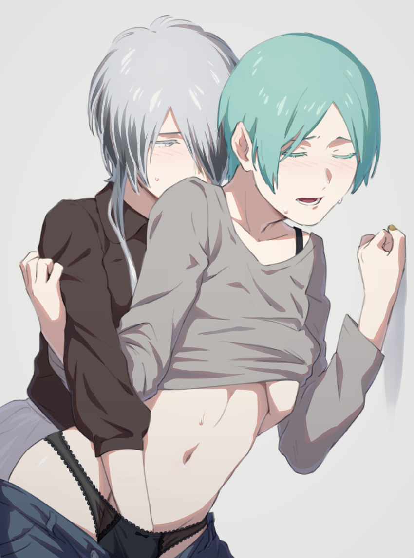 absurdres alternate_costume aqua_hair blush casual closed_eyes colored_eyelashes contemporary from_behind ghost_quartz_(houseki_no_kuni) green_hair grey_background grey_eyes grey_hair hair_over_one_eye hand_in_panties hand_under_clothes hand_under_shirt highres houseki_no_kuni humanization multiple_girls navel panties phosphophyllite protected_link shirt short_hair short_hair_with_long_locks sweat tea_oden underwear undressing yuri