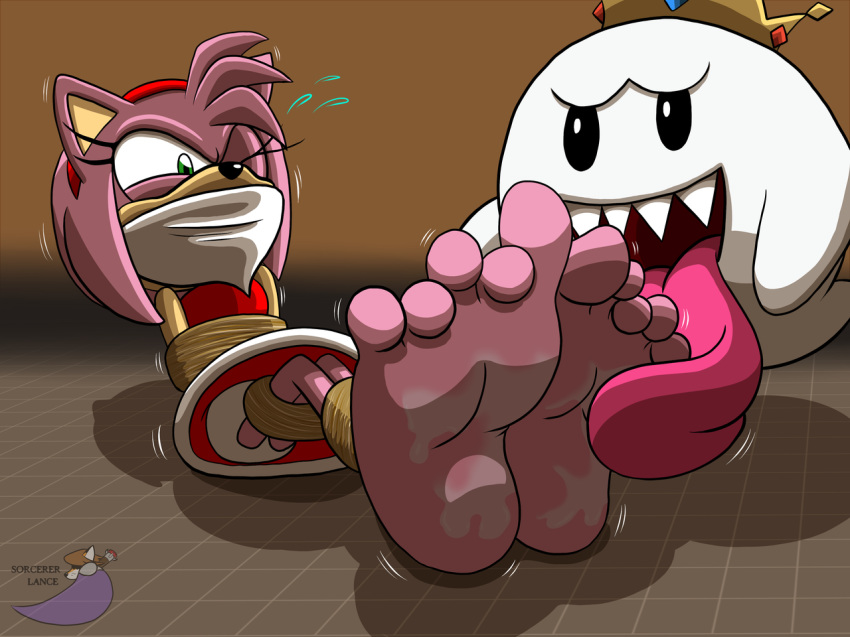 2016 5_toes amy_rose anthro barefoot boo_(mario) bound clothing crossover crown duo feet female foot_fetish foot_focus ghost green_eyes hair hairband hedgehog king_boo licking mammal mario_bros nintendo one_eye_closed rope soles sonic_(series) sorcererlance spirit toes tongue tongue_out video_games