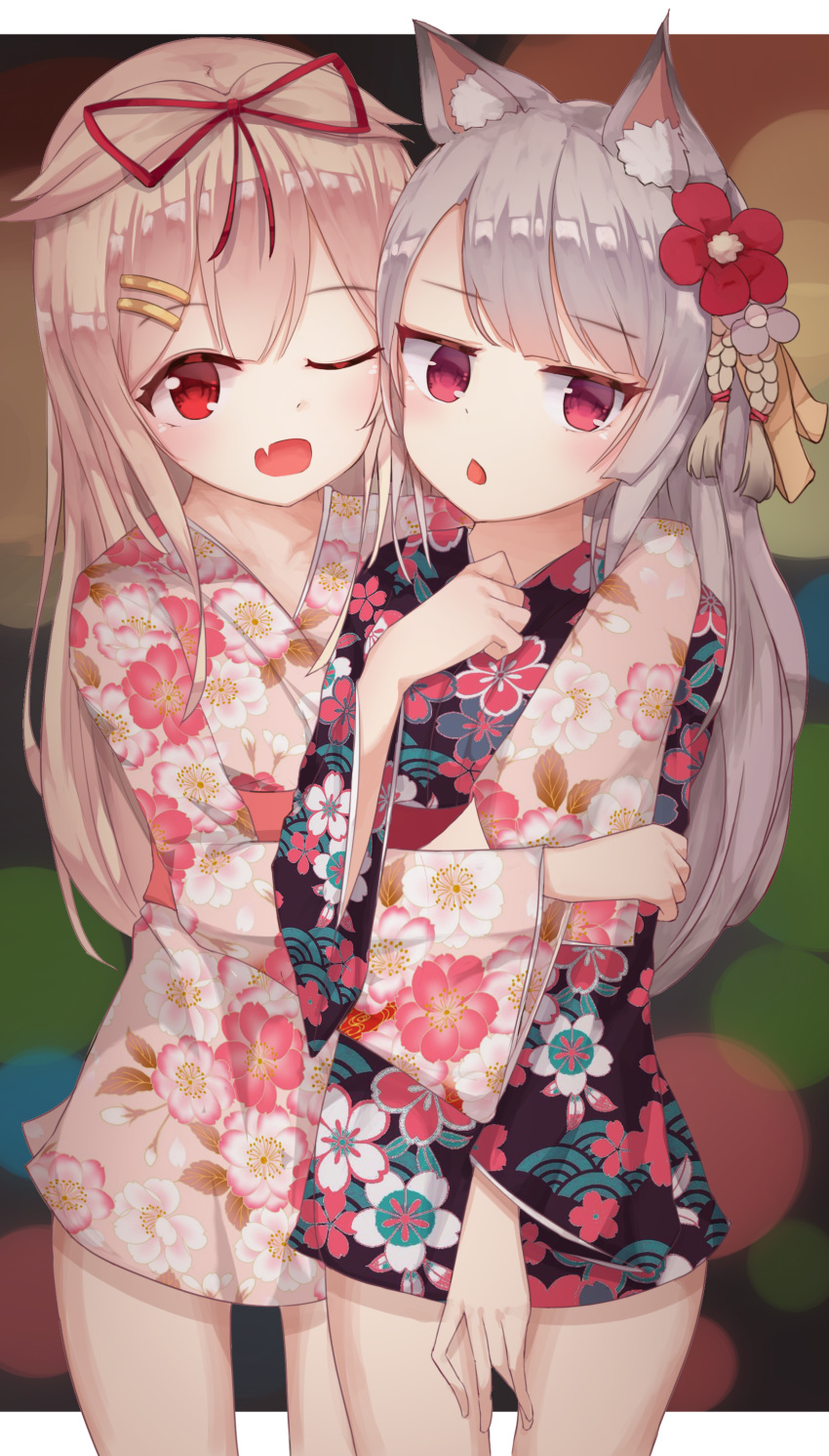 :o ;d absurdres alternate_costume animal_ears azur_lane blonde_hair commentary crossover dog_ears fang floral_print flower grey_hair hair_flaps hair_flower hair_ornament hair_ribbon hairclip highres hug hug_from_behind japanese_clothes kantai_collection kemonomimi_mode kimono long_hair looking_at_viewer multiple_girls namesake one_eye_closed open_mouth pcbl red_eyes remodel_(kantai_collection) ribbon smile yukata yuudachi_(azur_lane) yuudachi_(kantai_collection)