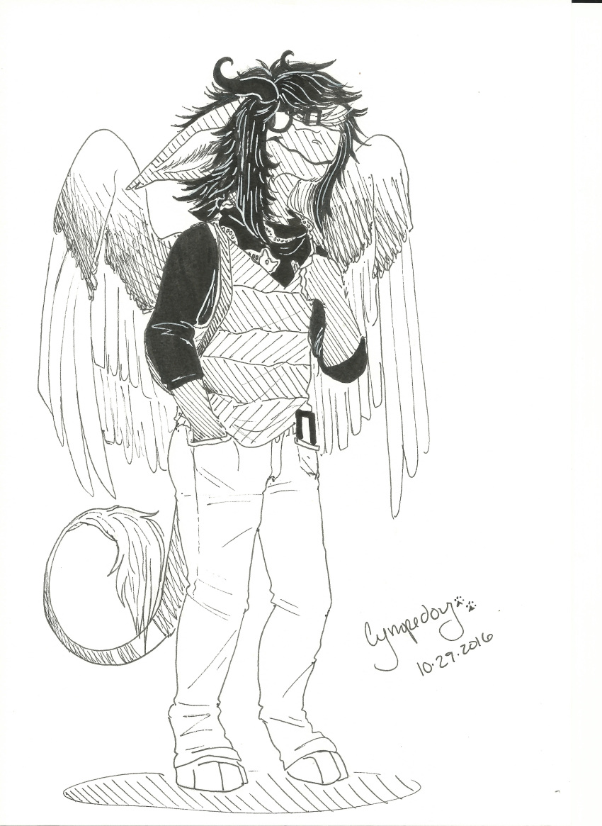 2016 4_toes angel_dragon anthro barefoot biped cellphone clothed clothing digitigrade dragon eyewear feathers fully_clothed fur glasses hair horn humanoid_hands jacket jeans long_tail male monochrome pants phone shirt signature simple_background sketch source_request standing toes traditional_media_(artwork) twixxel_minty unknown_artist unknown_artist_signature white_background wings