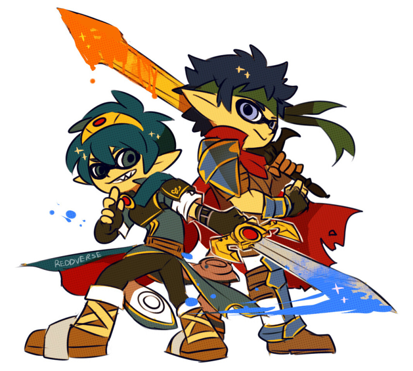 ambiguous_gender animal_humanoid armor blue_eyes blue_hair boots cape cephalopod cephalopod_humanoid clothed clothing cosplay crown duo fingerless_gloves fire_emblem footwear fully_clothed gloves hair headband holding_object holding_weapon humanoid ike_(fire_emblem) ink inkling male marine marth melee_weapon nintendo pointy_ears pose reddverse signature simple_background smile sparkles splatoon standing suction_cup sword tiara video_games weapon white_background