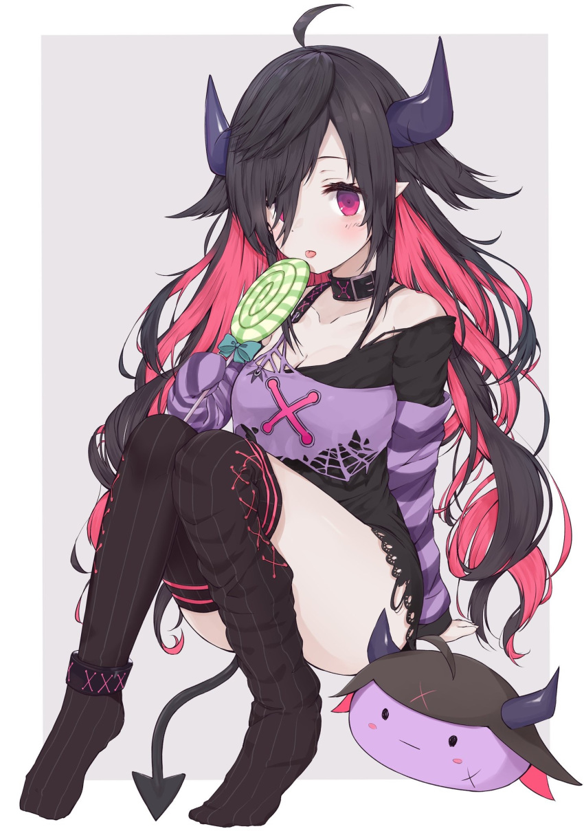 ahoge arm_support bangs bare_shoulders black_dress black_hair black_legwear breasts candy cleavage collarbone commentary_request demon_horns demon_tail dress food grey_background hair_over_one_eye highres holding holding_food holding_lollipop horns lace lace-trimmed_dress lollipop long_hair long_sleeves looking_at_viewer medium_breasts multicolored_hair nijisanji no_shoes pink_hair purple_eyes racchi. sitting sleeves_past_fingers sleeves_past_wrists solo striped striped_legwear swirl_lollipop tail thighhighs thighhighs_pull two-tone_background two-tone_hair vertical-striped_legwear vertical_stripes very_long_hair virtual_youtuber white_background yamiyono_moruru