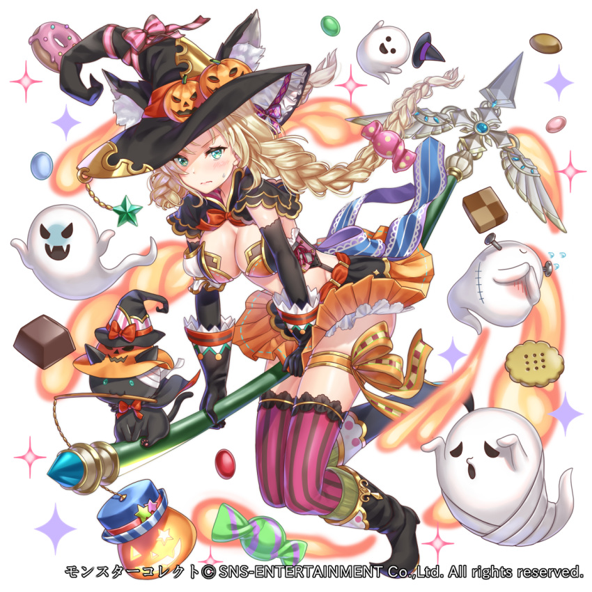 animal_ear_fluff animal_ears black_cat black_footwear blush braid breasts cat chocolate cleavage company_name cookie doughnut elbow_gloves fantasy food ghost gloves green_eyes hakuda_tofu halloween hat highres looking_at_viewer medium_breasts midriff monster_collect nail official_art orange_skirt pumpkin_hat ribbon skirt stitches striped striped_legwear sweatdrop sweets thigh_ribbon thighs vertical_stripes wavy_mouth witch witch_hat wrapped_candy