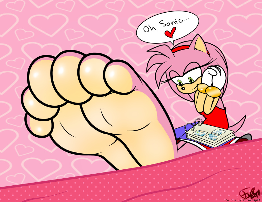 &lt;3 2017 amy_rose anthro barefoot book clothing cornchip21 dialogue english_text feet female foot_focus gloves green_eyes hair hairband hedgehog mammal soles solo sonic_(series) speech_bubble tails-chan text toes video_games