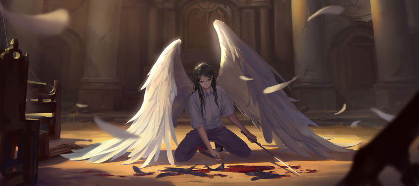 angel angel_wings bangs black_feathers black_hair black_pants blood blurry brown_eyes church_interior collared_shirt commentary_request cross day depth_of_field engrish_commentary facing_viewer feathered_wings feathers full_nelson glasses highres holding holding_sword holding_weapon indoors kneeling long_hair male_focus mixed-language_commentary original pants parted_bangs partial_commentary san_rode scenery shirt silk solo spider_web spread_wings sunlight sword weapon white_feathers white_shirt wing_collar wings