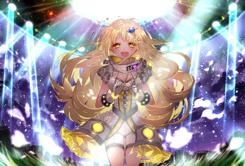:d alien_alien_(vocaloid) bang_dream! bangs blonde_hair blush chino_machiko cleavage_cutout cosplay dress fake_antennae frilled_sleeves frills gloves hairband_removed holding long_hair night open_mouth outdoors overskirt petals planet_hair_ornament round_teeth searchlight shorts sky smile solo star_(sky) starry_sky teeth tsurumaki_kokoro ufo upper_teeth vocaloid white_gloves yellow_eyes
