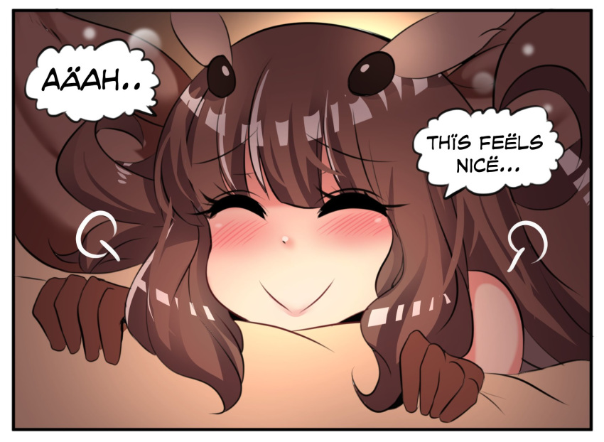 bangs blush brown_gloves brown_hair bug close-up closed_eyes comic english eyebrows_visible_through_hair eyes_visible_through_hair gloves highres hinghoi insect long_hair monster_girl moth_girl moth_wings original smile solo speech_bubble wings