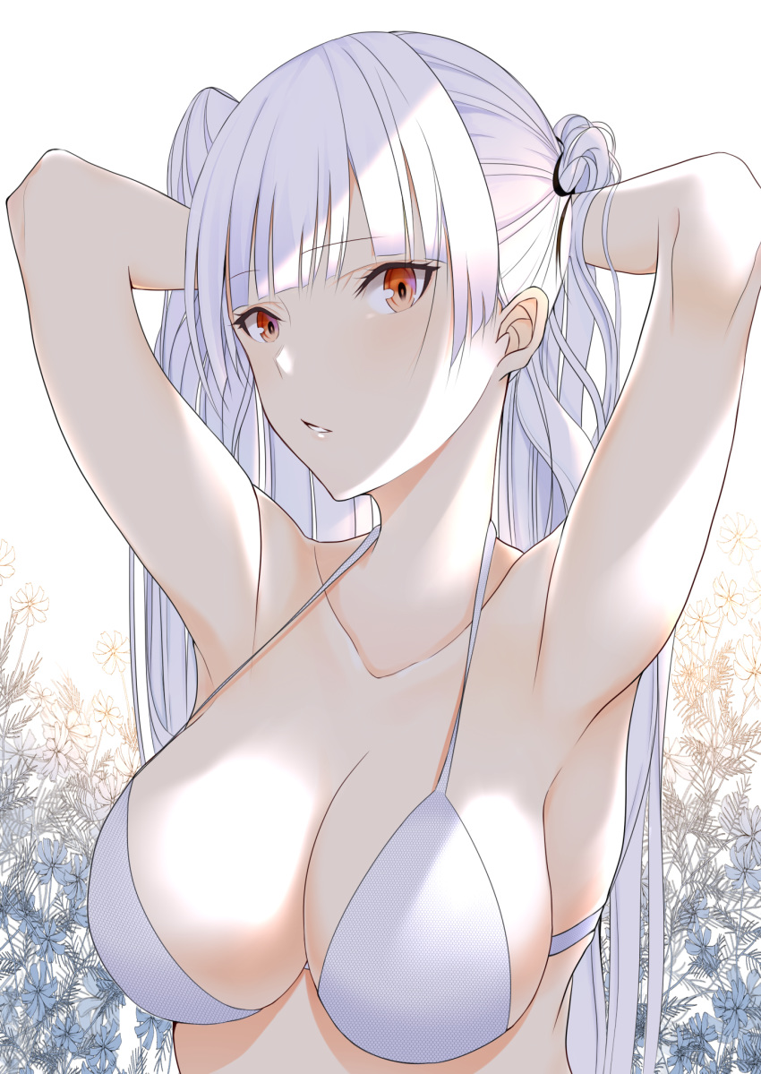 armpits bangs bikini bra breasts cleavage collarbone highres long_hair looking_at_viewer nue0 original pale_skin red_eyes silver_hair simple_background solo straight_hair swimsuit underwear white