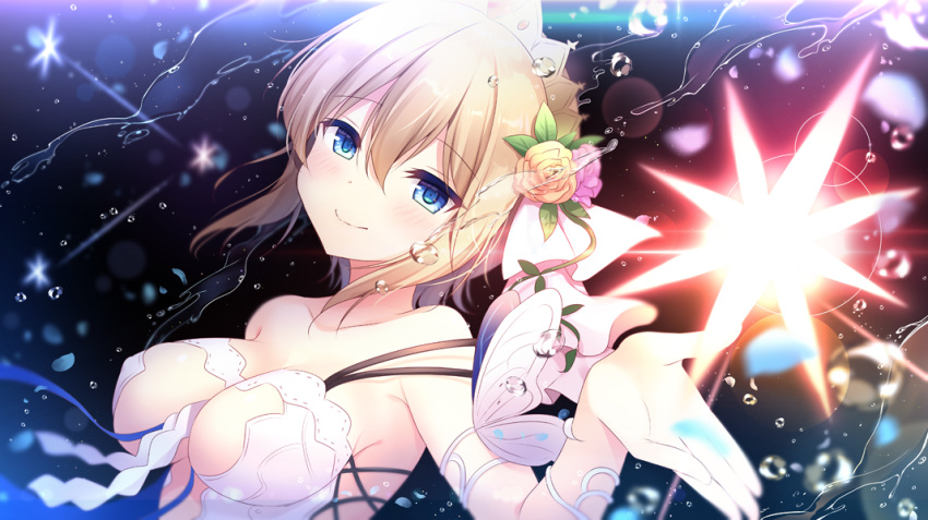 bangs bare_shoulders blonde_hair blue_eyes blurry blurry_background blush breasts closed_mouth collarbone commentary_request crown depth_of_field dress europa_(granblue_fantasy) eyebrows_visible_through_hair flower glowing granblue_fantasy hair_between_eyes hair_flower hair_ornament hand_up head_tilt looking_at_viewer medium_breasts pink_flower pink_rose rose shikitani_asuka short_hair smile solo tiara upper_body water white_dress yellow_flower yellow_rose