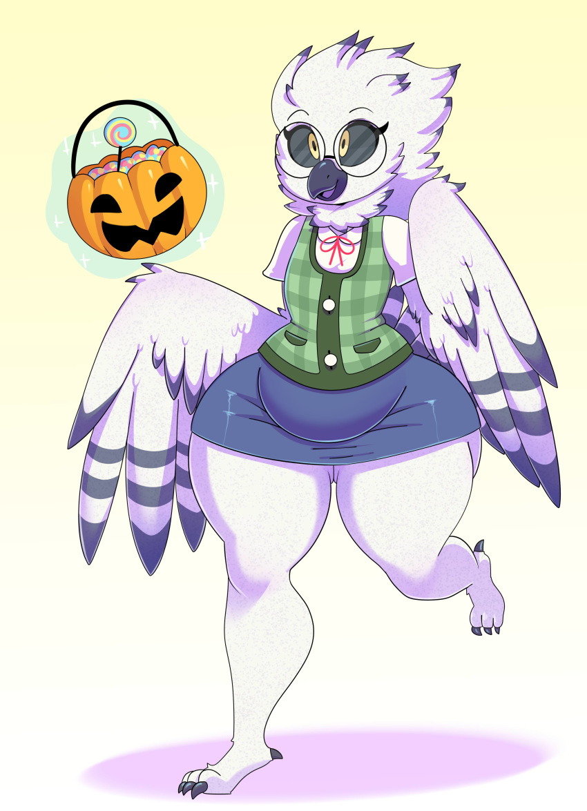 absurd_res amelia_abernachy anthro avian beak bird black_feathers black_sclera candy clothed clothing digital_media_(artwork) eyewear feathered_wings feathers female food glasses hi_res open_mouth owl simple_background slightly_chubby snowy_owl solo somescrub thick_thighs white_feathers wide_hips wings