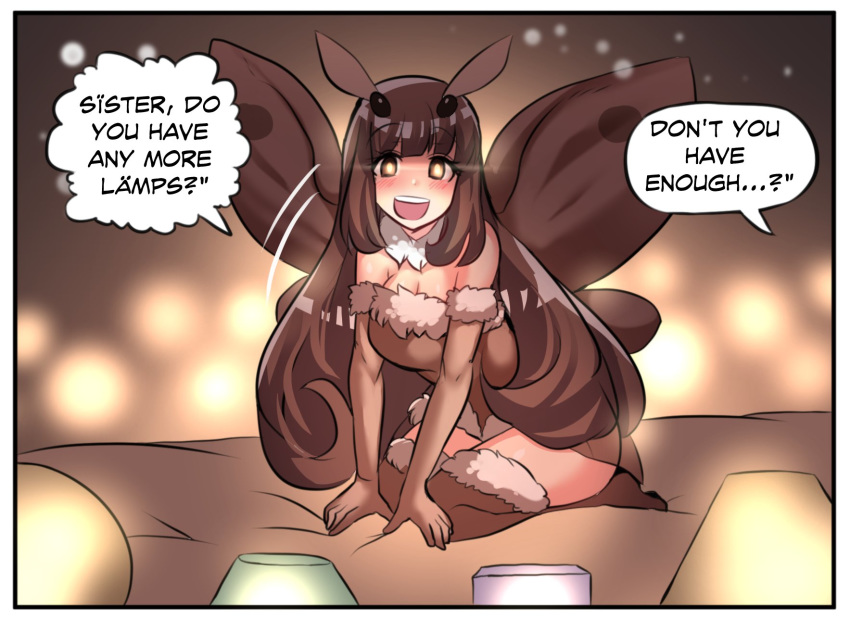 bangs blush breasts brown_eyes brown_gloves brown_hair bug cleavage comic elbow_gloves english eyebrows_visible_through_hair full_body fur_trim gloves glowing glowing_eyes highres hinghoi insect kneeling lamp long_hair monster_girl moth_girl moth_wings open_mouth original smile solo speech_bubble wings