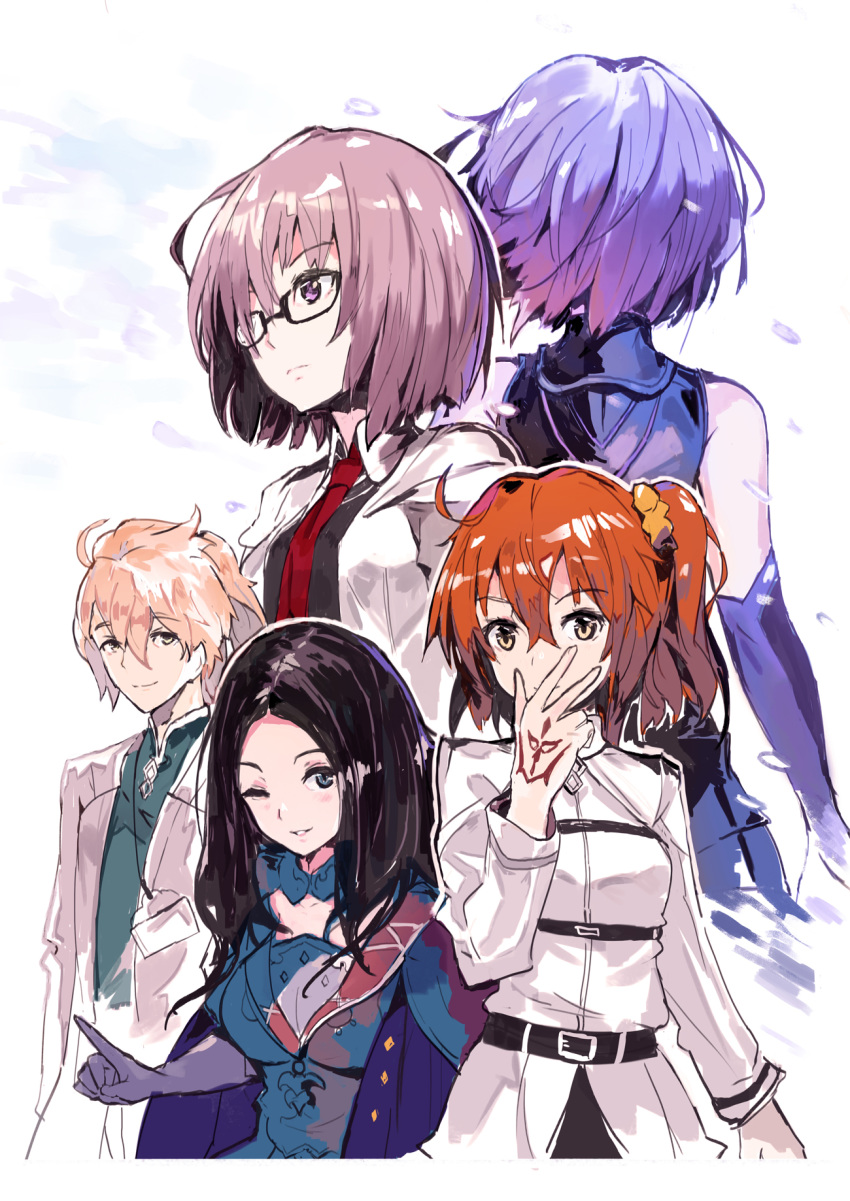 4girls andrian_gilang black_hair black_skirt command_spell dual_persona fate/grand_order fate_(series) fujimaru_ritsuka_(female) grey_sleeves hair_between_eyes highres labcoat leonardo_da_vinci_(fate/grand_order) long_sleeves mash_kyrielight multiple_girls necktie orange_hair pink_eyes pink_hair short_hair skirt sweater underwear uniform