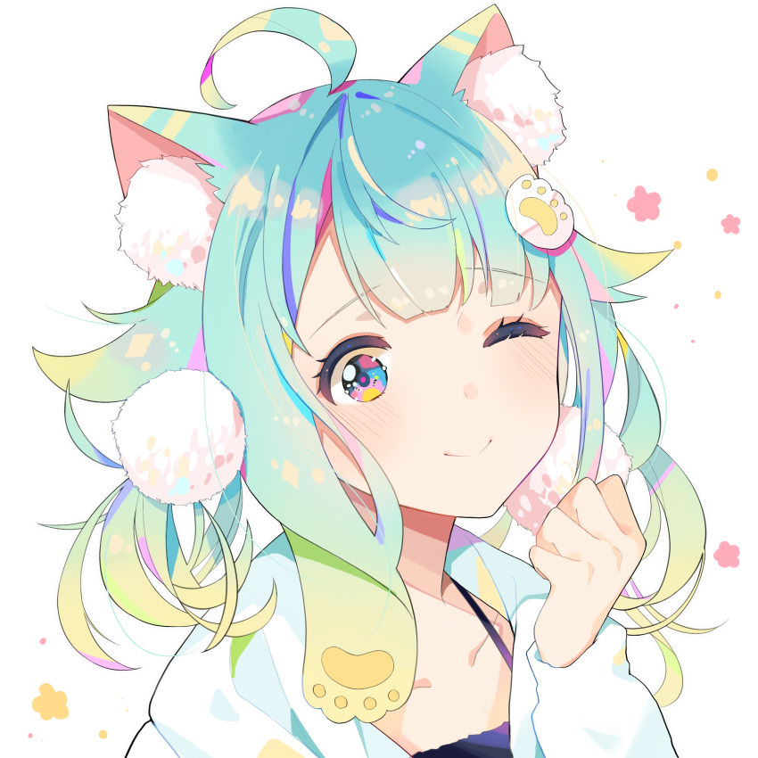 ;) ahoge animal_ear_fluff animal_ears aqua_hair bangs blue_eyes blush camisole cat_ears closed_mouth collarbone eyebrows_visible_through_hair hair_ornament hand_up head_tilt highres hood hood_down hooded_jacket jacket long_hair long_sleeves looking_at_viewer mao_ge multicolored multicolored_eyes one_eye_closed open_clothes open_jacket original paw_hair_ornament pink_eyes purple_camisole simple_background smile solo white_background white_jacket