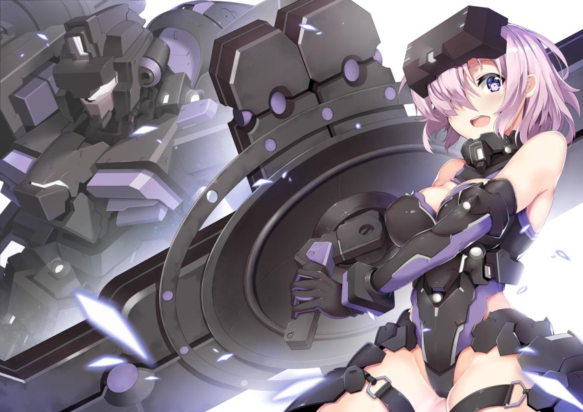 armor armored_dress black_armor black_gloves black_leotard breasts cleavage commentary_request fate/grand_order fate_(series) gloves holding_shield jie_laite large_breasts leg_armor leotard looking_at_viewer mash_kyrielight mecha ortenaus pink_hair purple_eyes robot shield short_hair shoulder_armor visor_lift vr_visor