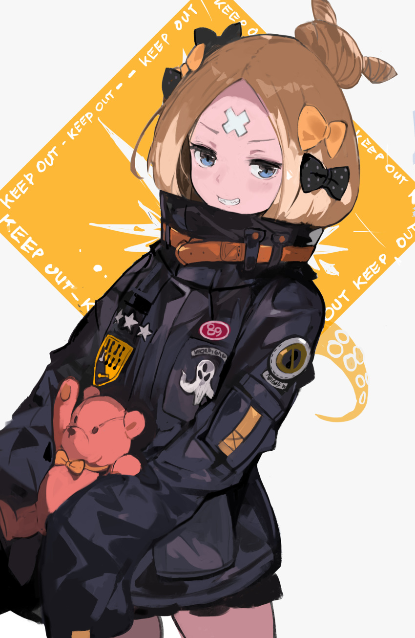 abigail_williams_(fate/grand_order) alternate_hairstyle andrian_gilang bandaid_on_forehead bangs belt black_bow black_jacket blonde_hair blue_eyes bow caution_tape fate/grand_order fate_(series) forehead grin hair_bow hair_bun heroic_spirit_traveling_outfit high_collar highres holding holding_stuffed_animal jacket keep_out long_hair looking_at_viewer orange_bow parted_bangs polka_dot polka_dot_bow sleeves_past_fingers sleeves_past_wrists smile solo stuffed_animal stuffed_toy teddy_bear tentacles thighs white_background