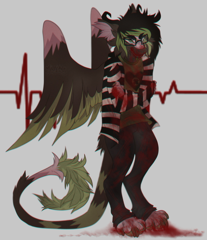 angel_dragon anthro barefoot biped blood clothed clothing dragon eating_blood feathered_wings feathers fully_clothed fur furfear gore hair horn jacket male pants shirt signature simple_background solo source_request standing twixxel_minty wings