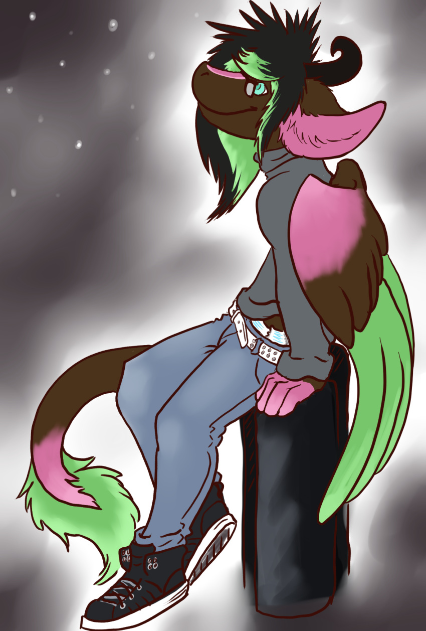 angel_dragon anthro belt biped clothed clothing diaper digitigrade dragon eyewear feathers footwear fully_clothed fur glasses hair horn humanoid_hands looking_up male pants shirt shoes simple_background sitting snow snowflake snowing source_request twixxel_minty unknown_artist wings