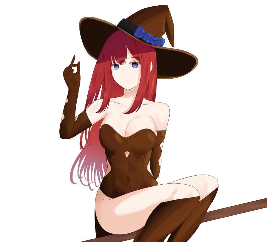 absurdres breasts cleavage collarbone corset dress gloves hat highres kneehighs long_hair looking_at_viewer original purple_eyes red_hair simple_background sitting sitting_on_object solo talnory witch witch_hat