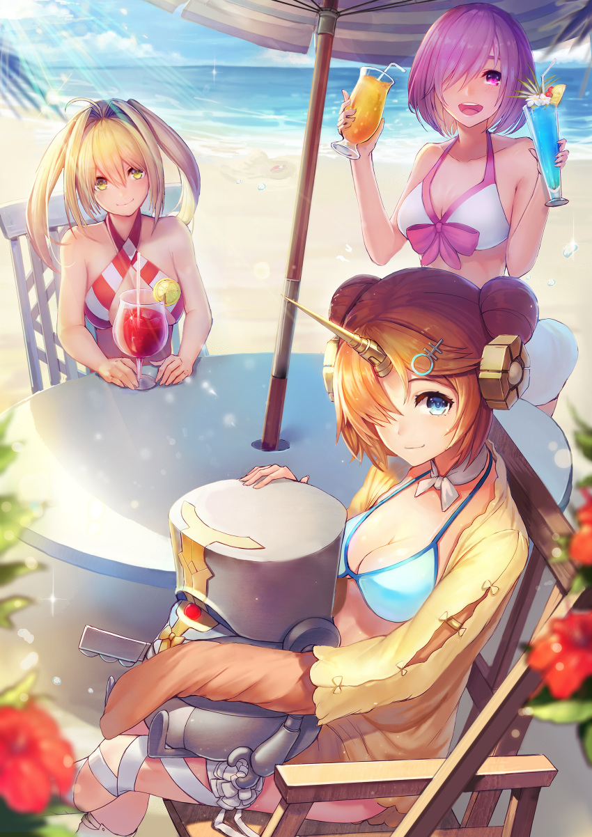 absurdres alternate_costume amano_misaki antenna_hair bandaged_leg bandages bangs bare_shoulders beach bikini bikini_skirt bikini_top blonde_hair blue_bikini blue_eyes bow_bikini breasts chain chair choker cleavage crossed_legs cup day drink drinking_glass eyebrows_visible_through_hair fate/grand_order fate_(series) flower folding_chair frankenstein's_monster_(fate) green_eyes hair_between_eyes hair_ornament hair_over_eyes hairclip highres holding holding_cup horn jacket looking_at_viewer mash_kyrielight medium_breasts multiple_girls nero_claudius_(fate)_(all) nero_claudius_(swimsuit_caster)_(fate) ocean open_mouth purple_eyes purple_hair robot sand sitting smile standing striped striped_bikini summer sunlight swimsuit table tropical_drink umbrella white_bikini