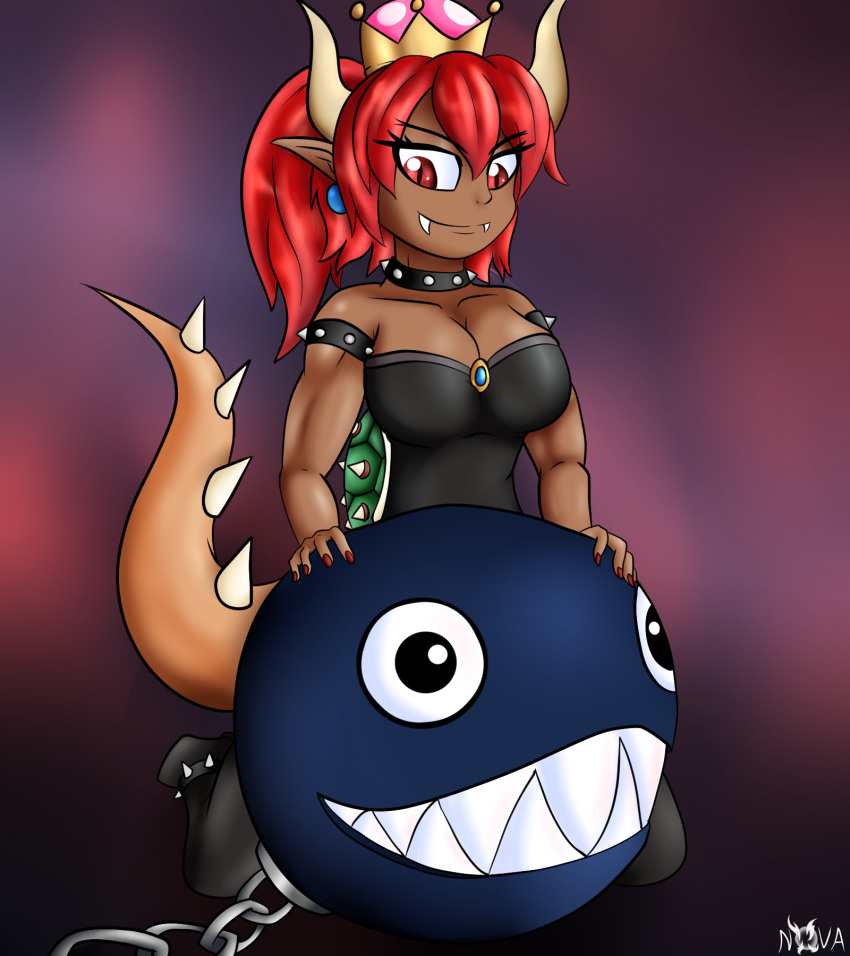 2018 alternate_species animal_humanoid big_breasts bowser bowsette_meme breasts chain_chomp clothed clothing collar female hair horn humanoid humanoidized koopa mario_bros nintendo novaspark red_eyes red_hair scalie spikes super_crown video_games