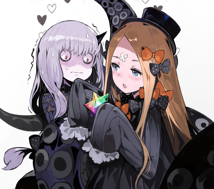 abigail_williams_(fate/grand_order) andrian_gilang bags_under_eyes bangs black_bow black_dress black_hat blonde_hair blue_eyes bow dress fate/grand_order fate_(series) forehead hat heart horn lavinia_whateley_(fate/grand_order) multiple_girls orange_bow pale_skin parted_bangs polka_dot polka_dot_bow saint_quartz sleeves_past_fingers sleeves_past_wrists sweat tentacles wavy_mouth