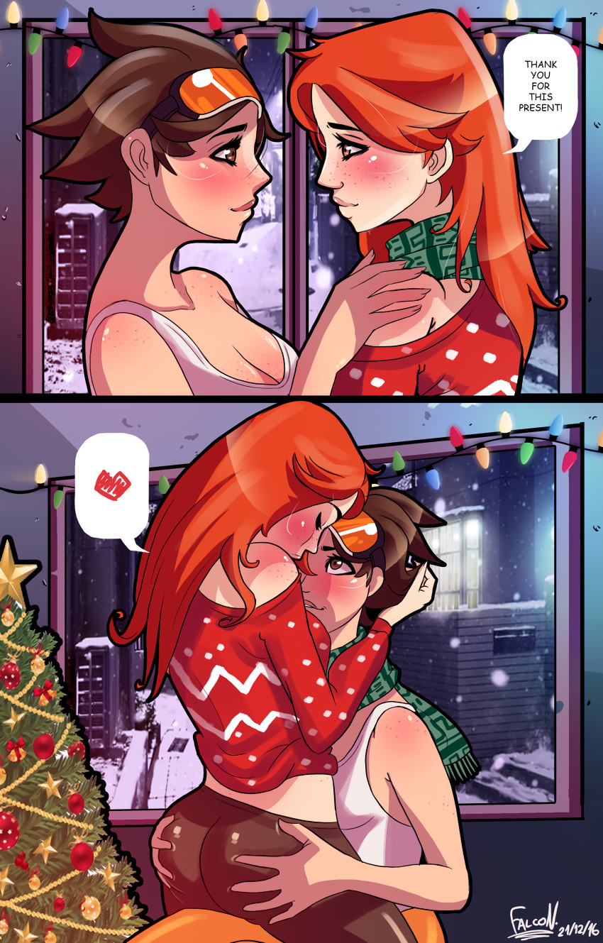 2girls ass blush brown_eyes brown_hair christmas christmas_tree comic couple emily_(overwatch) goggles groping happy heart hug looking_at_another multiple_girls overwatch red_hair scarf sitting smile snow spiky_hair straddling sweater tracer tracer_(overwatch) tree winter yuri