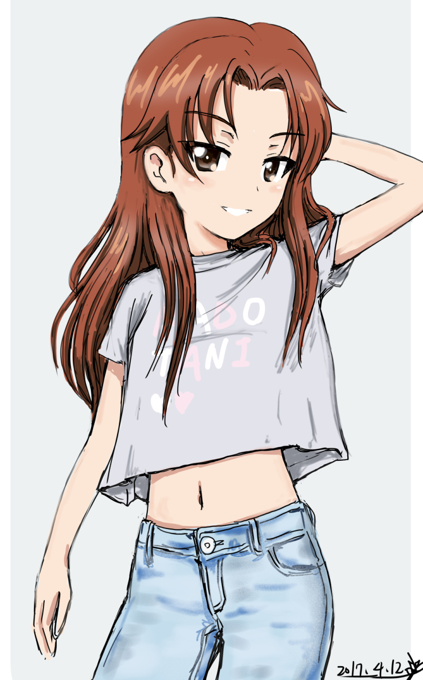 alternate_hairstyle arm_behind_head artist_name bangs blue_pants brown_eyes brown_hair bukkuri casual character_name clothes_writing commentary cowboy_shot dated denim eyebrows_visible_through_hair girls_und_panzer grey_background grey_shirt hair_down heart highres jeans kadotani_anzu long_hair looking_at_viewer midriff navel pants parted_bangs parted_lips pose print_shirt shirt short_sleeves signature simple_background smile solo standing t-shirt