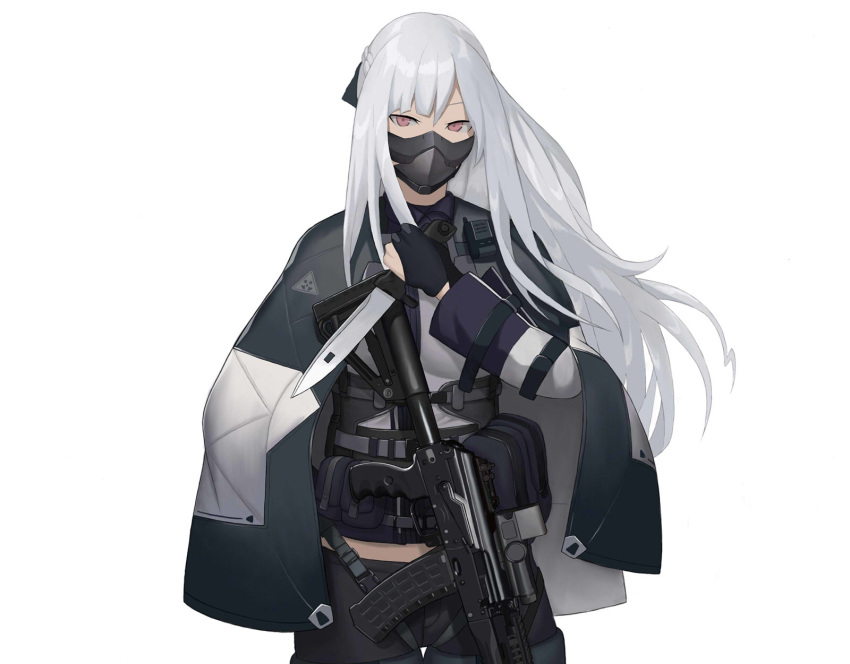 ak-12 ak-12_(girls_frontline) assault_rifle bag bangs belt black_gloves bow braid capelet cero_(last2stage) cowboy_shot face_mask girls_frontline gloves gun hair_bow highres holding holding_knife holding_weapon knife long_hair long_sleeves looking_at_viewer mask military military_uniform partly_fingerless_gloves red_eyes rifle silver_hair simple_background solo standing uniform walkie-talkie weapon white_background