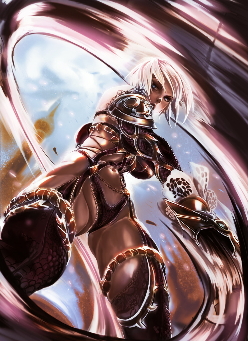 armor breasts commentary english_commentary from_below gauntlets highres isabella_valentine judgmentboygold large_breasts lipstick makeup navel pauldrons purple_lipstick revealing_clothes short_hair single_gauntlet soulcalibur swinging sword thighs weapon whip whip_sword white_hair
