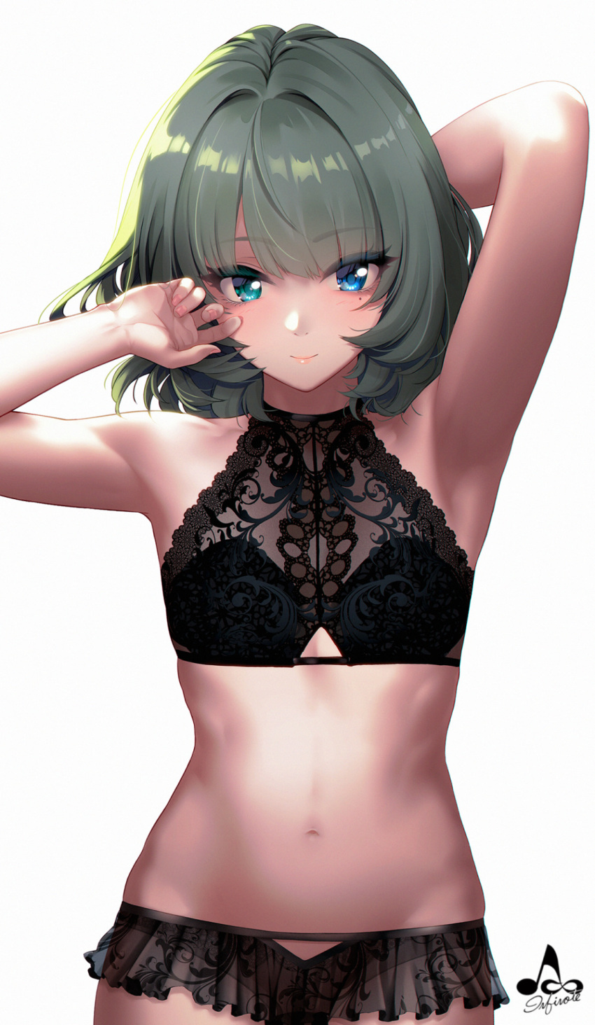arm_behind_back arm_up armpits artist_name bangs bare_shoulders black_bra black_panties blue_eyes blunt_bangs blush bra breasts closed_mouth collarbone eyebrows_visible_through_hair eyelashes fingernails green_eyes green_hair groin halter_top halterneck hand_up heterochromia highres idolmaster idolmaster_cinderella_girls infinote lace lace_bra lace_panties lingerie long_fingernails looking_at_viewer mole mole_under_eye nail_polish navel panties pink_lips pink_nails short_hair simple_background small_breasts smile solo standing stomach takagaki_kaede underwear underwear_only upper_body white_background