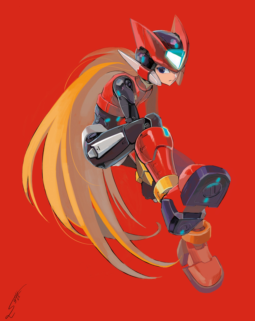 android blonde_hair blue_eyes full_body helmet highres long_hair male_focus red_background red_footwear robot_joints rockman rockman_zero signature simple_background sitting solo sumomo very_long_hair zero_(rockman)