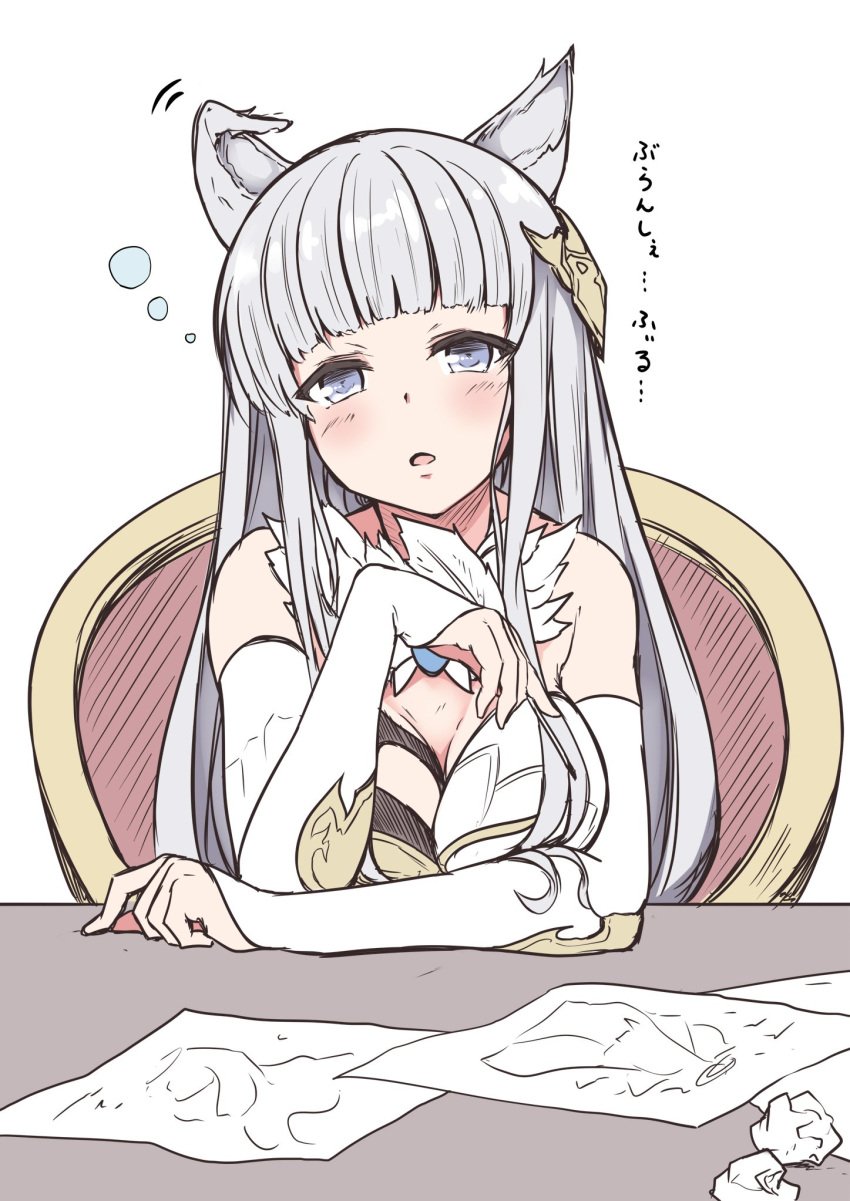 animal_ears asymmetrical_clothes bangs bare_shoulders blue_eyes blunt_bangs blush breasts cleavage commentary_request dress elbow_gloves erune gloves granblue_fantasy hair_ornament highres korwa large_breasts long_hair open_mouth paper quill silver_hair solo table tatsuno_(saya-tatsuno) translation_request white_gloves