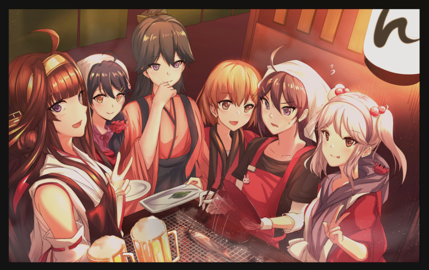 :d :q afterimage ahoge akebono_(kantai_collection) alcohol antiqq apron bangs bare_shoulders beer beer_mug black_border black_bow black_hair black_hakama black_shirt blunt_bangs blush border bow breasts brown_eyes bunny_hair_ornament chopsticks closed_mouth commentary_request crab detached_sleeves dust_particles eyebrows_visible_through_hair fish flying_sweatdrops grill grilling hair_between_eyes hair_bobbles hair_bow hair_bun hair_ornament hair_scrunchie hairband hakama hand_on_own_face haori head_scarf headgear highres holding holding_chopsticks holding_plate hood hood_down hoodie houshou_(kantai_collection) indoors japanese_clothes kantai_collection kimono kongou_(kantai_collection) lantern long_sleeves looking_at_viewer multiple_girls nontraditional_miko oboro_(kantai_collection) open_clothes open_mouth orange_hair parted_lips pink_hair pink_hairband pink_kimono plate ponytail purple_eyes purple_hair red_apron red_kimono ribbon-trimmed_sleeves ribbon_trim sazanami_(kantai_collection) scrunchie shiny shiny_hair shirt short_sleeves sidelocks smile smoke sweat tongue tongue_out two_side_up ushio_(kantai_collection) v v-shaped_eyebrows white_kimono