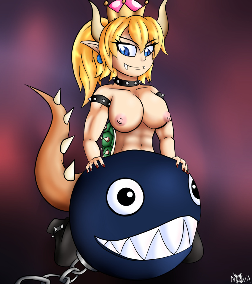 2018 abs alternate_species animal_humanoid big_breasts blonde_hair blue_eyes bowser bowsette_meme breasts clothing collar crown female hair horn humanoid humanoidized koopa mario_bros nintendo nipples novaspark nude scalie simple_background smile spikes super_crown video_games