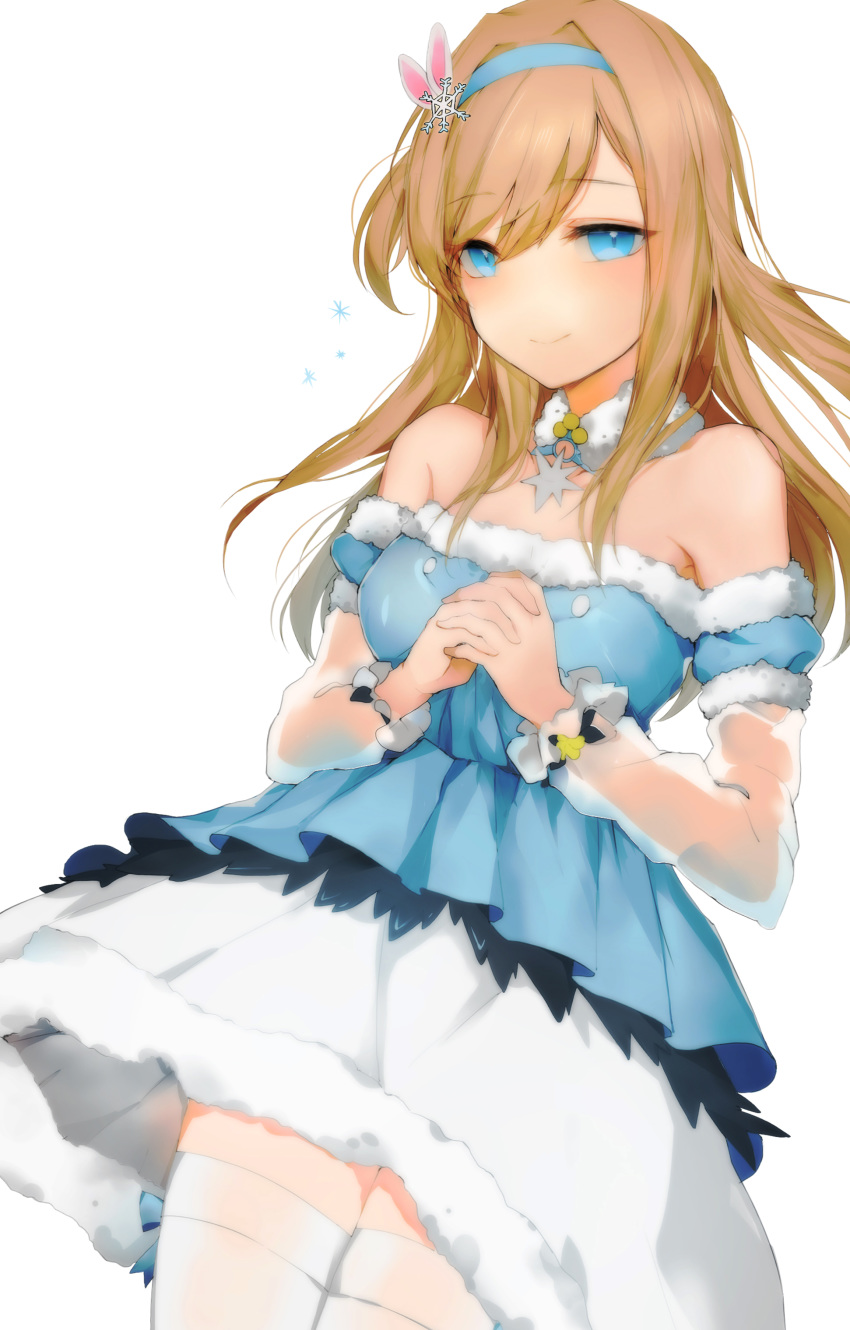 absurdres adapted_costume blonde_hair blue_eyes collar commentary eyebrows_visible_through_hair fur_trim girls_frontline hair_ornament hairband hands_together highres long_hair looking_at_viewer peanutc simple_background smile snowflake_hair_ornament solo suomi_kp31_(girls_frontline) thighhighs white_background white_legwear zettai_ryouiki