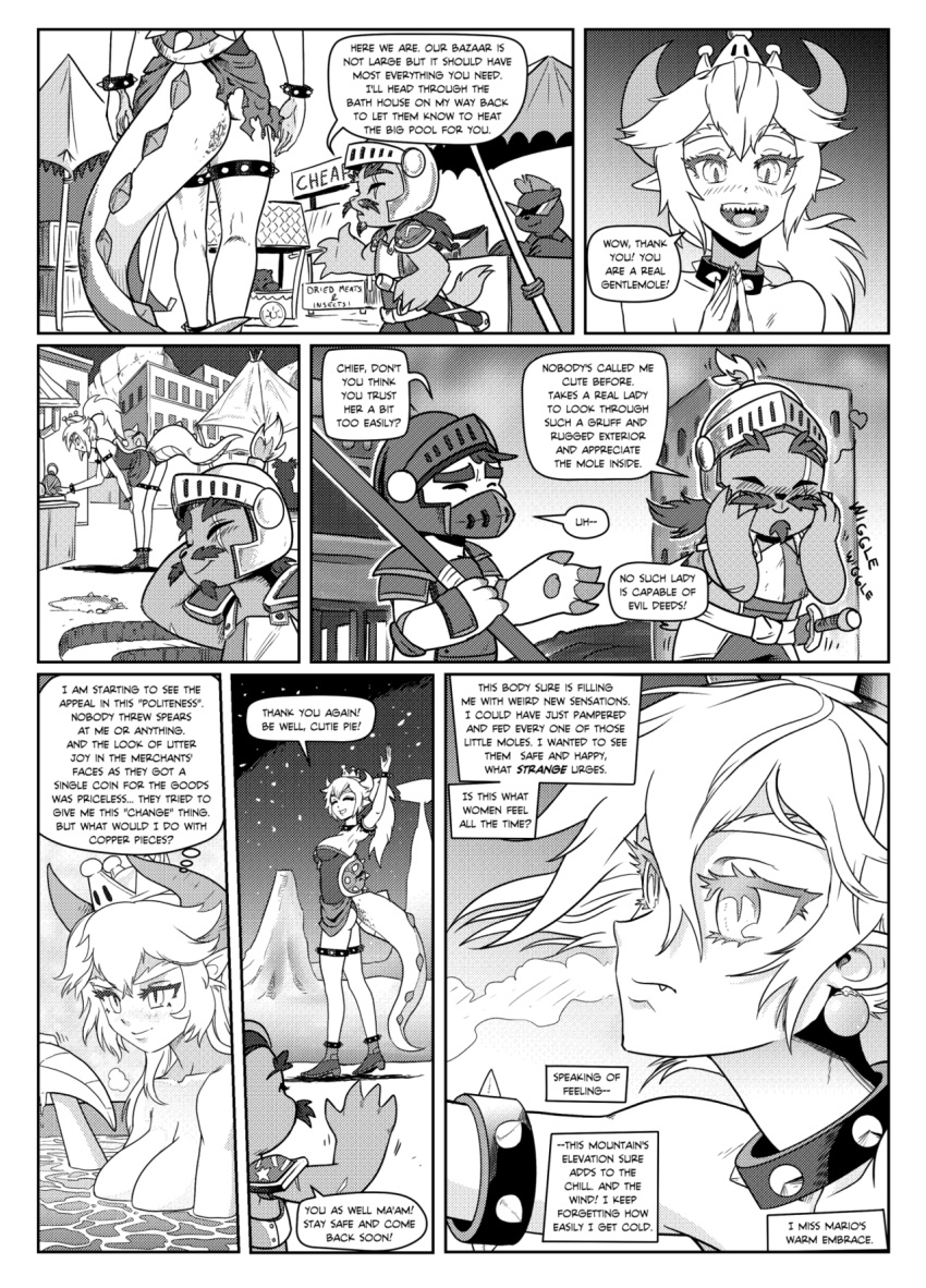 :d arm_up armor bangs bare_shoulders bathing blush bowsette bracelet breasts collar comic crown dress earrings english fang greyscale hair_between_eyes helmet highres jewelry kamina_shades left-to-right_manga mario_(series) monochrome new_super_mario_bros._u_deluxe open_mouth pencils_(artist) sharp_teeth sidelocks smile spiked_bracelet spiked_collar spiked_shell spiked_tail spikes strapless super_crown tail teeth