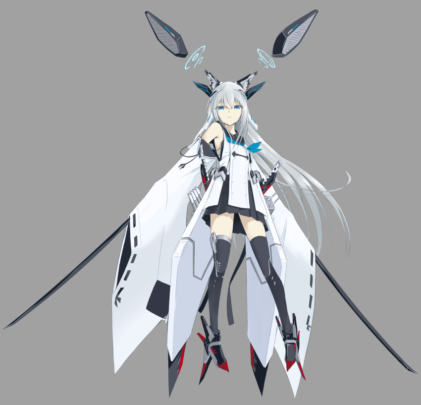 absurdres animal_ears azur_lane black_legwear blue_eyes commentary_request detached_sleeves dual_wielding headgear highres holding katana kawakaze_(azur_lane) long_hair looking_at_viewer machinery mecha_musume oniku_(pixiv_28205308) pleated_skirt silver_hair simple_background skirt sleeves_past_wrists solo sword tail thighhighs turret weapon wide_sleeves wolf_ears wolf_tail zettai_ryouiki