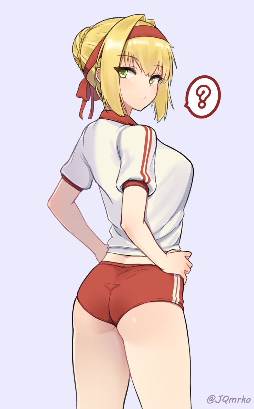 ? ass bangs blonde_hair blue_background breasts buruma commentary_request cowboy_shot double_vertical_stripe eyebrows_visible_through_hair fate/grand_order fate_(series) from_behind green_eyes gym_shirt gym_uniform hair_bun hair_intakes hair_ribbon hands_on_hips highres looking_at_viewer looking_back manme medium_breasts nero_claudius_(fate) nero_claudius_(fate)_(all) olympian_bloomers red_buruma red_ribbon ribbon shirt short_hair short_sleeves sidelocks simple_background solo speech_bubble spoken_question_mark white_shirt