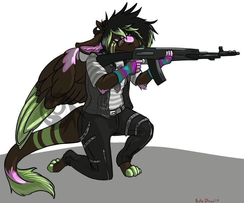 an-94 angel_dragon anthro belledraco belt biped clothing dragon eyewear feathers glasses gun hair holding_object holding_weapon horn humanoid_hands jacket kneeling male pants ranged_weapon rifle shirt simple_background source_request twixxel_minty weapon wings