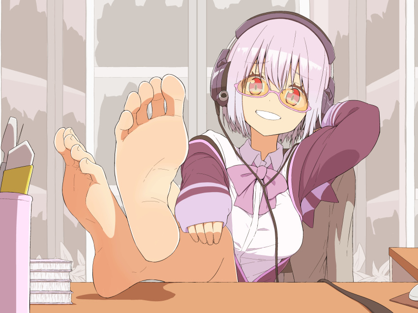 arm_behind_head bangs barefoot bow collared_shirt commentary_request crossed_ankles desk eyebrows_visible_through_hair feet feet_up glasses grin headset highres jacket lavender_hair long_sleeves looking_at_viewer off_shoulder open_clothes pov_feet purple_jacket salpin school_uniform shinjou_akane shirt short_hair smile soles solo ssss.gridman toes