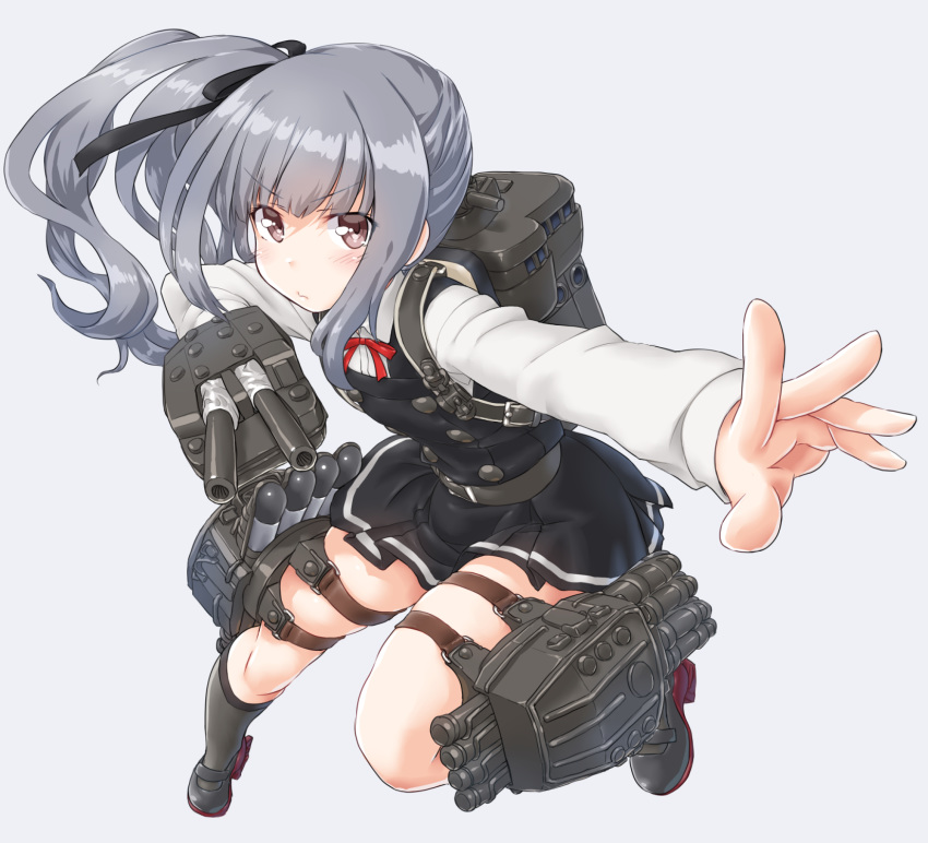 black_legwear black_ribbon brown_eyes cannon dd_(ijigendd) dress grey_background grey_hair hair_ribbon highres holding holding_weapon kantai_collection kasumi_(kantai_collection) kneehighs long_hair long_sleeves neck_ribbon pinafore_dress red_ribbon remodel_(kantai_collection) ribbon rigging school_uniform shirt side_ponytail simple_background sleeveless sleeveless_dress solo thigh_strap turret weapon white_shirt