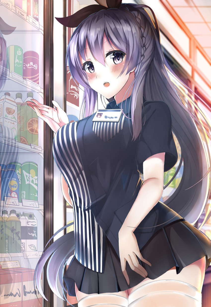 absurdres azur_lane bangs black_ribbon black_skirt blue_eyes blue_shirt blush bottle braid breasts can collared_shirt commentary_request convenience_store employee_uniform eyebrows_visible_through_hair french_braid hair_ribbon hand_up highres hiragi_ringo large_breasts lavender_hair lawson long_hair looking_at_viewer name_tag open_mouth pleated_skirt pocket reflection ribbon rodney_(azur_lane) shirt shop short_sleeves sidelocks skirt solo striped striped_shirt thighhighs uniform very_long_hair