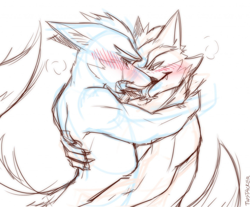 2018 anthro black_and_white blush canine duo fox fox_mccloud french_kissing fur kissing male male/male mammal monochrome nintendo nude sketch smile star_fox tears tongue tongue_out twstacker video_games wolf wolf_o'donnell