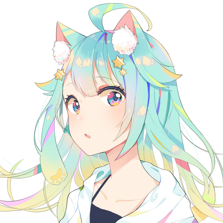 ahoge animal_ear_fluff animal_ears aqua_hair bangs black_camisole blue_eyes blush camisole cat_ears eyebrows_visible_through_hair fang hair_between_eyes hair_ornament highres hood hood_down hooded_jacket jacket long_hair looking_at_viewer mao_ge multicolored multicolored_eyes open_clothes open_jacket original parted_lips pink_eyes simple_background solo star star_hair_ornament upper_body white_background white_jacket